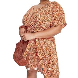 ASOS Curve plisse short sleeve wrap style mini dress in orange ditsy floral NWT